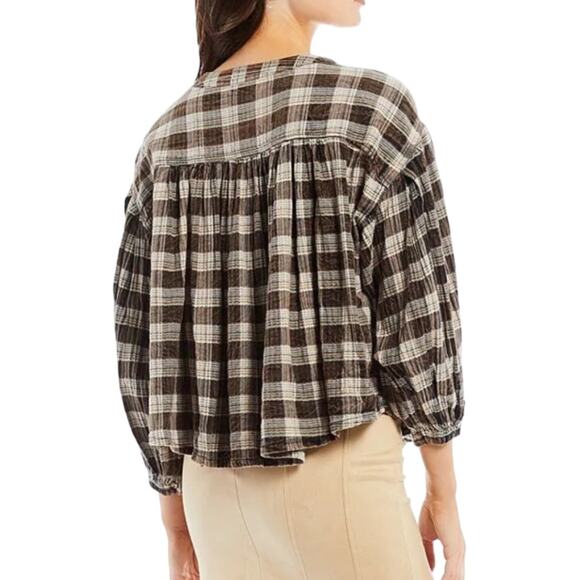 Free People Jessi Plaid Balloon Sleeve Top Small Brown Boho Cottage Casual - Picture 2 of 9